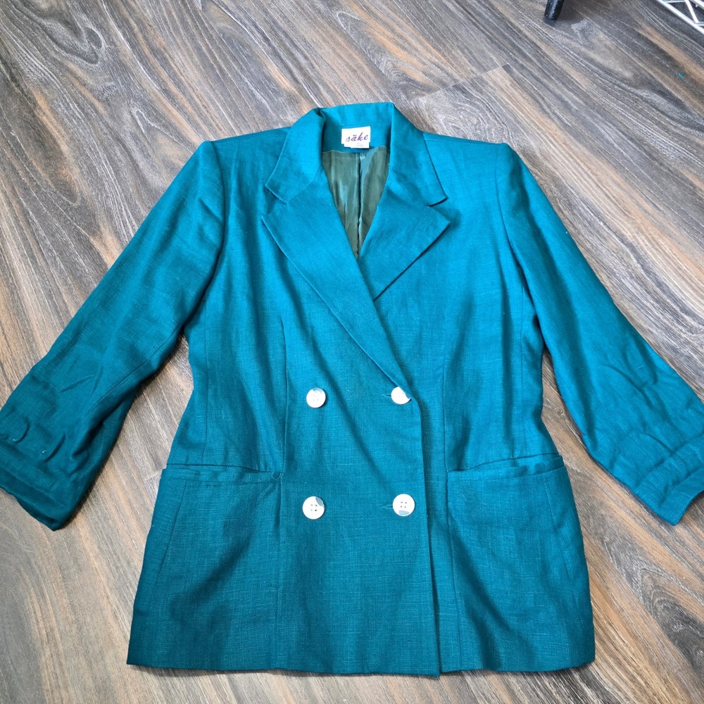 Sake Vintage Emerald Green 100% Linen Double Breasted Blazer  Romanian Made 8